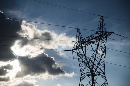 high voltage electricity poleの写真素材