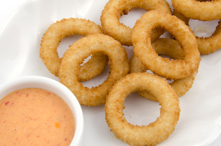 onion ring in white plateの写真素材