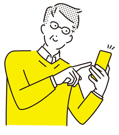Elderly man pointing at a smartphone with a smileのイラスト素材
