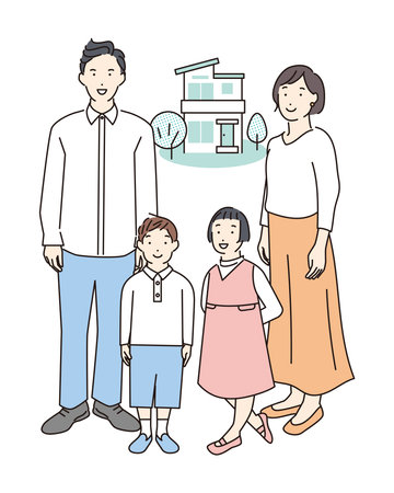 Family smiling in front of the houseのイラスト素材