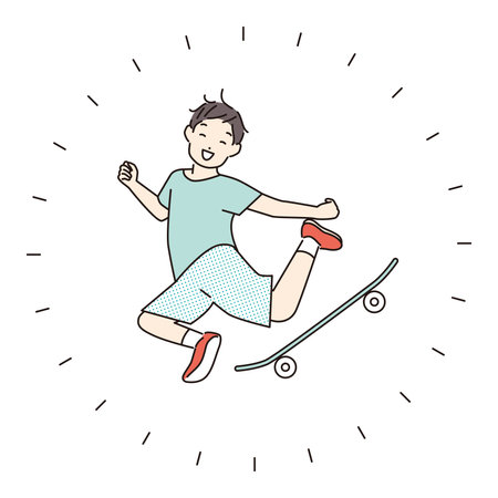 Illustration of a smiling boy skateboardingのイラスト素材