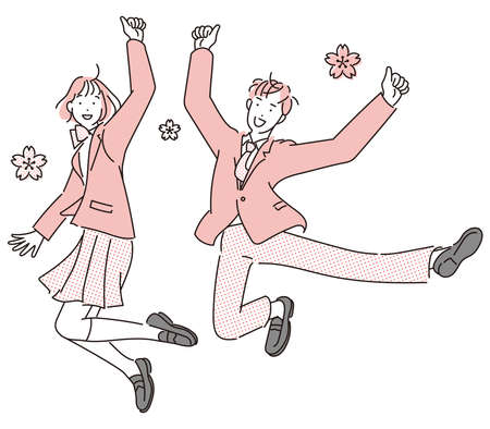 Illustration of male and female students jumpingのイラスト素材