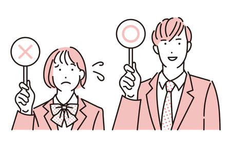 Illustration of a male and female student raising a Maru Batsu tagのイラスト素材
