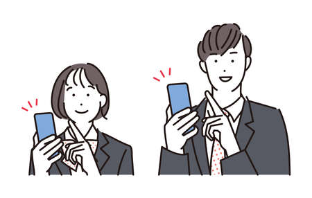 Illustration of male and female students in uniforms operating smartphonesのイラスト素材