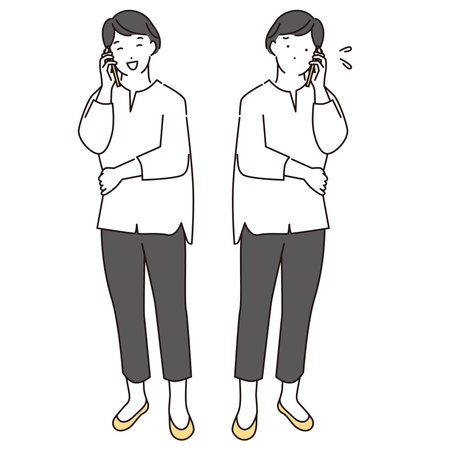 Full-body illustration of a woman talking on a smartphoneのイラスト素材