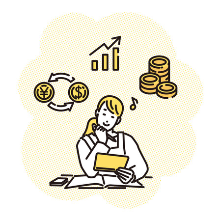 A housewife thinking about asset management while looking at her bankbookのイラスト素材