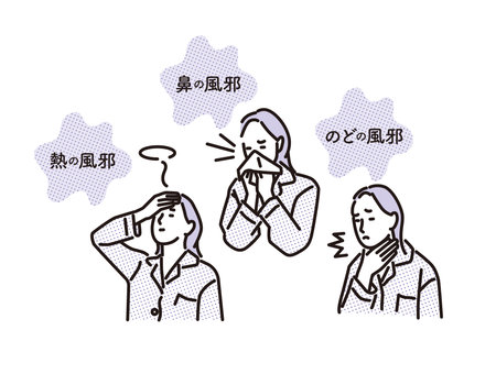 Set illustrations of fever, nose cold and throat coldのイラスト素材