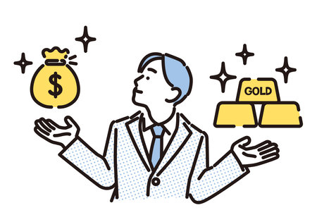 A businessman wondering whether to use dollars or goldのイラスト素材