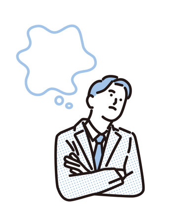 A businessman with his arms folded thinking and a speech bubbleのイラスト素材