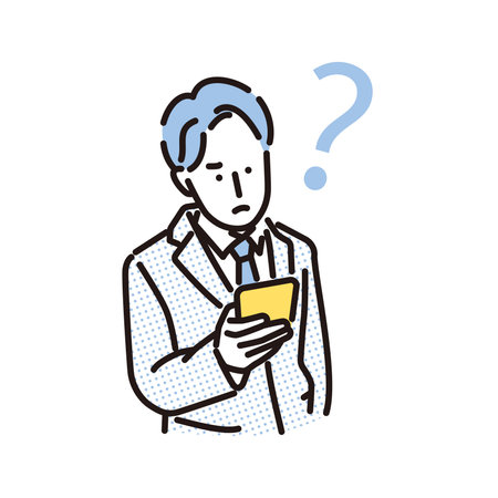 A businessman looking at his smartphone and wonderingのイラスト素材