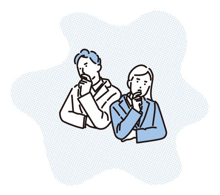 A man and a woman thinking with their arms foldedのイラスト素材
