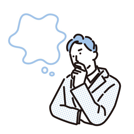A businessman with his arms folded thinking and a speech bubbleのイラスト素材