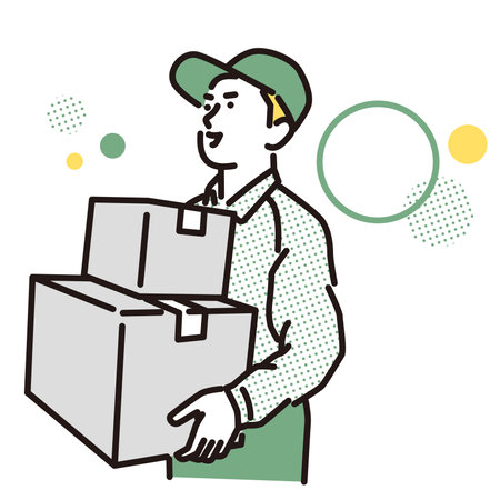 Smiling male delivery man carrying a cardboard boxのイラスト素材