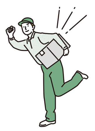 Full body of a male delivery man posing with his fist in the air while carrying a packageのイラスト素材