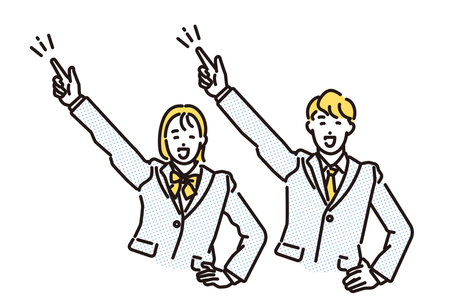 Male and female students pointing to the futureのイラスト素材