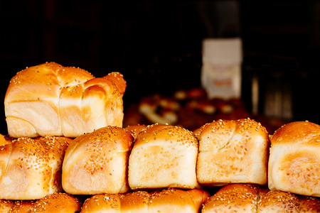 Wheat bread with sesame at the market selective focus