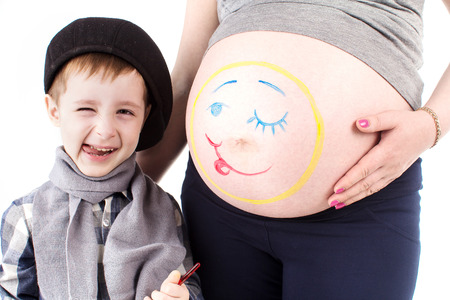 an image of pregnant woman with her sonの写真素材