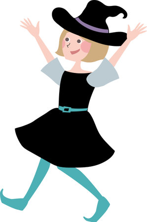 isolated halloween party vector illustration element of a happy girl in black witch costume Cute and fun background element for designのイラスト素材