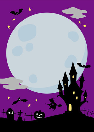 Halloween vertical background with purple night blue full moon copy space and castle illustration vector template for flyer, posterのイラスト素材