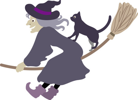 Halloween editable vector illustration element of spooky, cute and fun flying wicked witch, enjoying the ride with a black cat.のイラスト素材