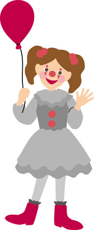 Editable halloween party vector illustration element of a girl in clown costume with face paint and a red balloon. Cute, spooky and fun background material for designのイラスト素材