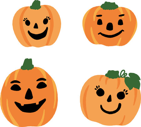 Collection of halloween happy, cute and fun jack o' lantern family outlined vector illustrationsのイラスト素材