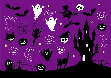Editable parts & strokes : collection of spooky, cute & fun halloween background elements. Vector illustration setのイラスト素材