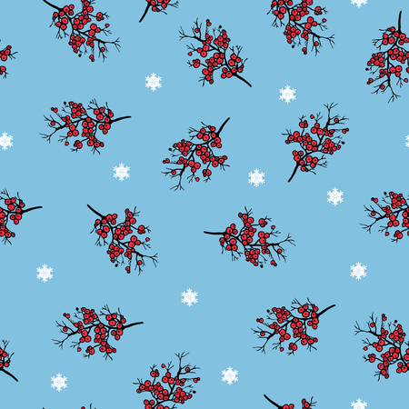 Seamless pattern of a branch of red ripe berries and snowflakes on a blue background.のイラスト素材