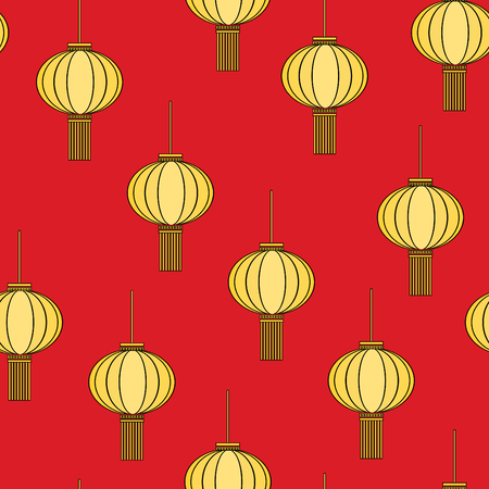 Seamless pattern of yellow traditional Chinese lanterns on a red background.のイラスト素材