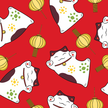 Luck symbol seamless pattern cute maneki neko and festive lantern on a red background.のイラスト素材