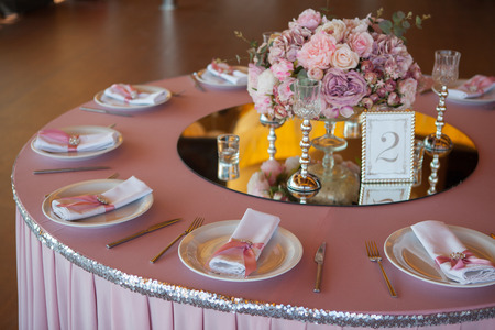 Table appointments in restaurant. Wedding preparationの写真素材