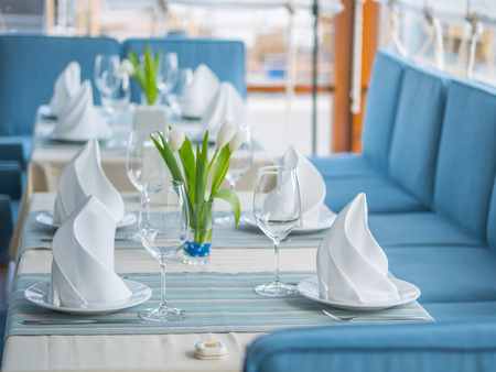 Interior design of a beautiful restaurant in a marine style.