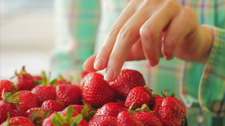 Young Woman in green Plaid shirt holding bowl of berries and taking a big ripe strawberry. No face, only hands.の写真素材