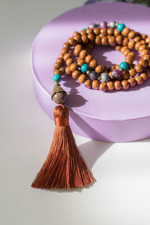 Beautiful handmade wooden mala gems beads with tassel for mantras and meditationの写真素材