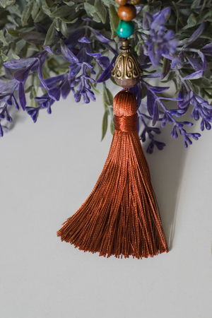 Beautiful handmade wooden mala gems beads with tassel for mantras and meditationの写真素材
