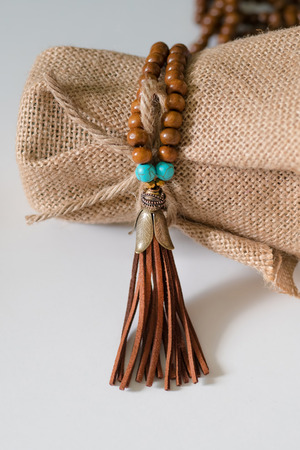 Beautiful handmade wooden mala gems beads with tassel for mantras and meditationの写真素材