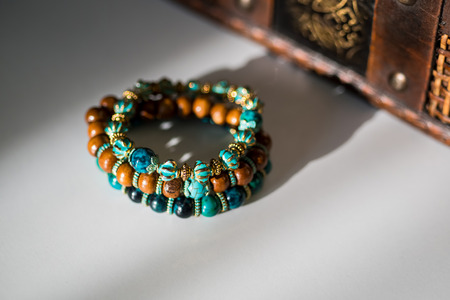 Beautiful bracelets with gemtones and wooden beads.の写真素材