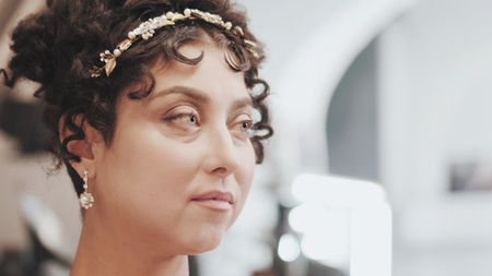 Close up historical portrait of middle-aged attractive woman in 18th century costume. Look of Marie Antoinette or bride in retro style.の写真素材