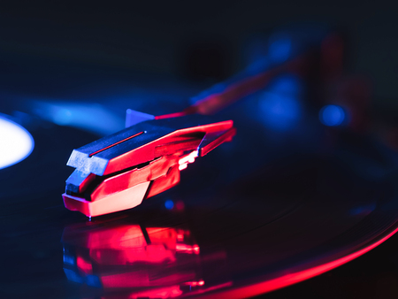 Cinemagraph, retro record vinyl player. Record on turntable. Top view close up. Loop-able Vintage photo of Old Gramophone, playing a musicの写真素材