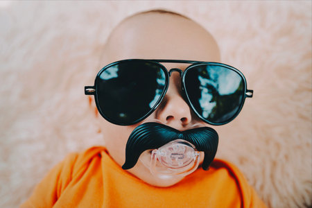 Little baby boy in black sunglasses with funny mustache soother.の写真素材