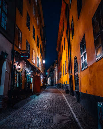 night narrow street in old town of Stockholm. 14 February 2020, Stockholm Swedenのeditorial素材