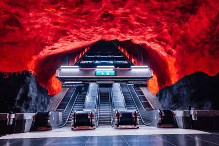 14 February 2020, Stockholm Sweden. red artwork at Solna Centrum subway stationのeditorial素材