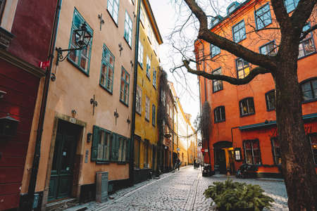 14 February 2020, Stockholm Sweden. Beautiful cozy narrow street in Gamla Stanのeditorial素材