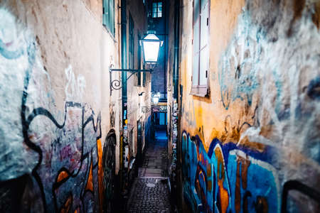 Beautiful cozy night the most narrow street in Gamla Stan - old town of Stockholm. 14 February 2020, Stockholm Swedenのeditorial素材