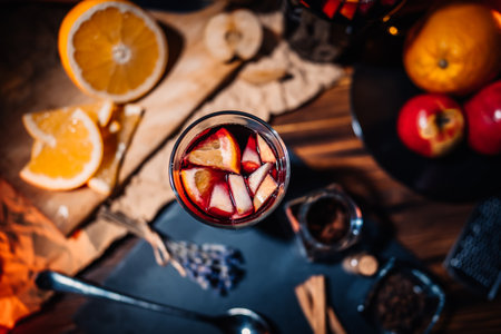 Stunning view of hot mulled wine with honey, fruits and spices. Fragrant atmosphere of Christmas winter holiday. Glass with cinnamon and orange on table.の写真素材