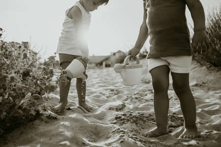 Cute little boys watering plants with cans on sandy beach. summer sunny day. Toddlers twins with colorful pots. Natural aestetic portrait of children. Black and whiteの写真素材