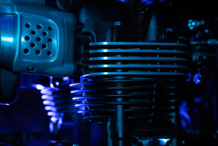 Odessa, Ukraine - June 2021. Triumph Bonneville t100 motor plate. Camera slides along classic motorcycle parts. Details design of brand-new motorbike. Close-up view.のeditorial素材