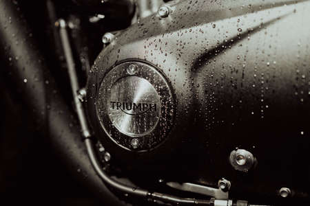 Odessa, Ukraine - June 2021. Triumph Bonneville t100 motor plate. Classic motorcycle parts. Details...