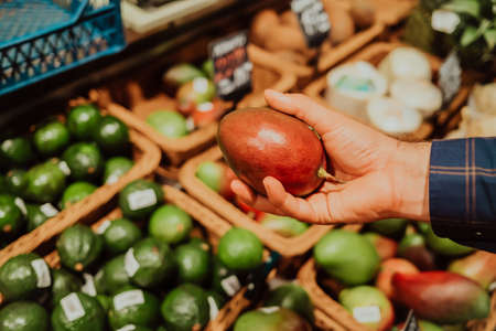 Man picks mango - tropical fruit in supermarket or market. sale of healthy and tasty product, vitamins.の写真素材