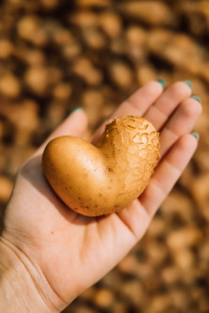 Woman picks heart shaped potato - vegetable in supermarket or market. sale of healthy and tasty product, vitaminsの写真素材